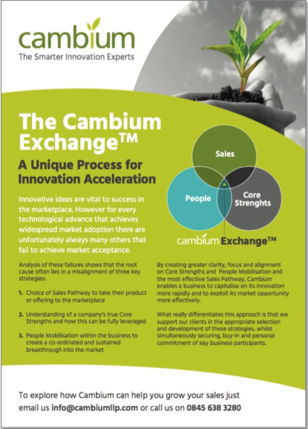 The Cambium Exchange enables accelerated sustainable growth of an early stage busines by creating alignment of core strengths, people & business strategy.